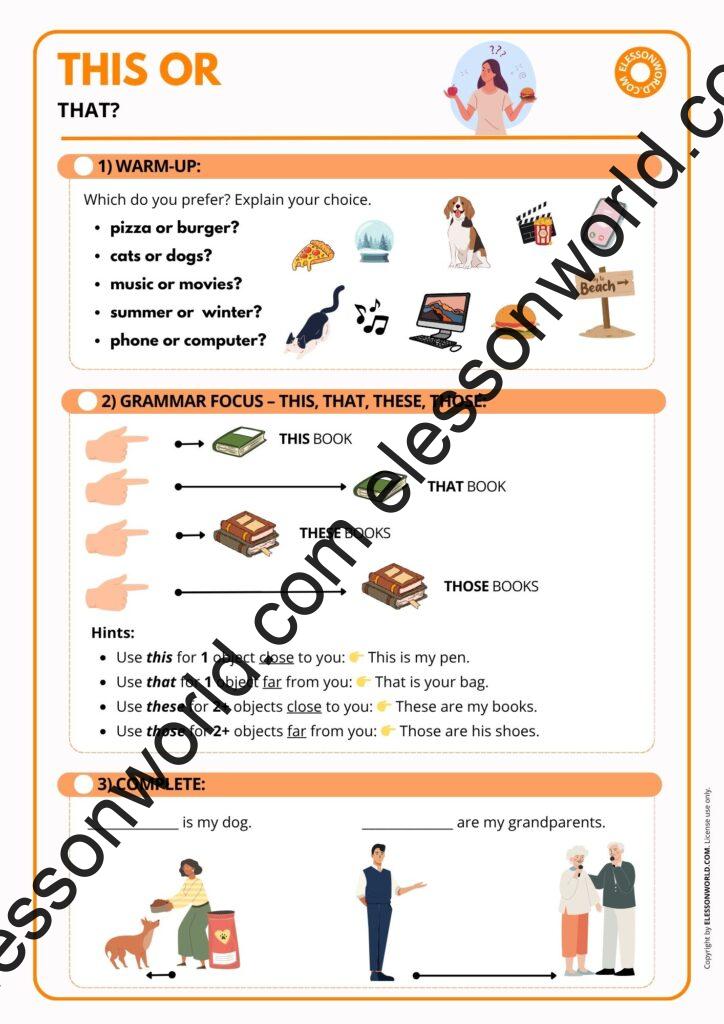 A1–A2 ESL worksheet on this, that, these, and those