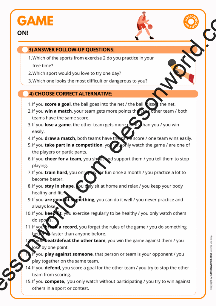 Preview of an A2–B1 ESL lesson teaching sports verbs and fitness vocabulary through fun activities and role-plays.