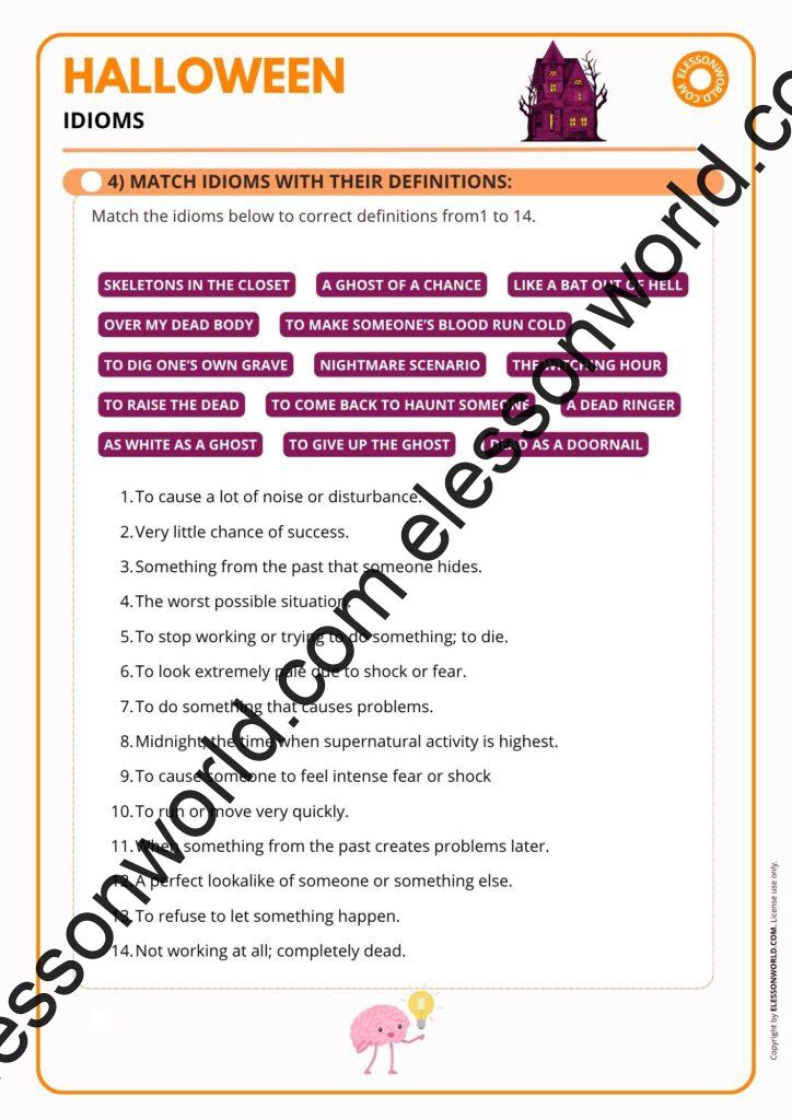 Preview of a B1–B2 ESL lesson teaching Halloween-themed idioms and expressions through speaking practice and fun tasks.
