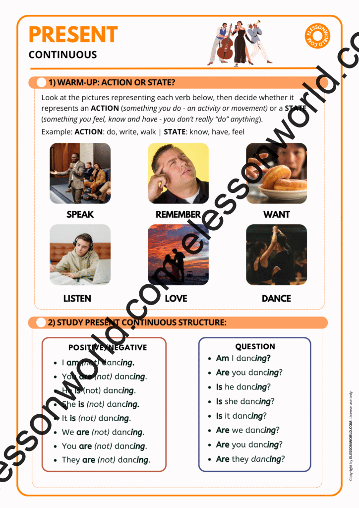 Present Continuous Lesson Summary Present Continuous - A1/A2 ESL Grammar Lesson Plan - elessonworld.com