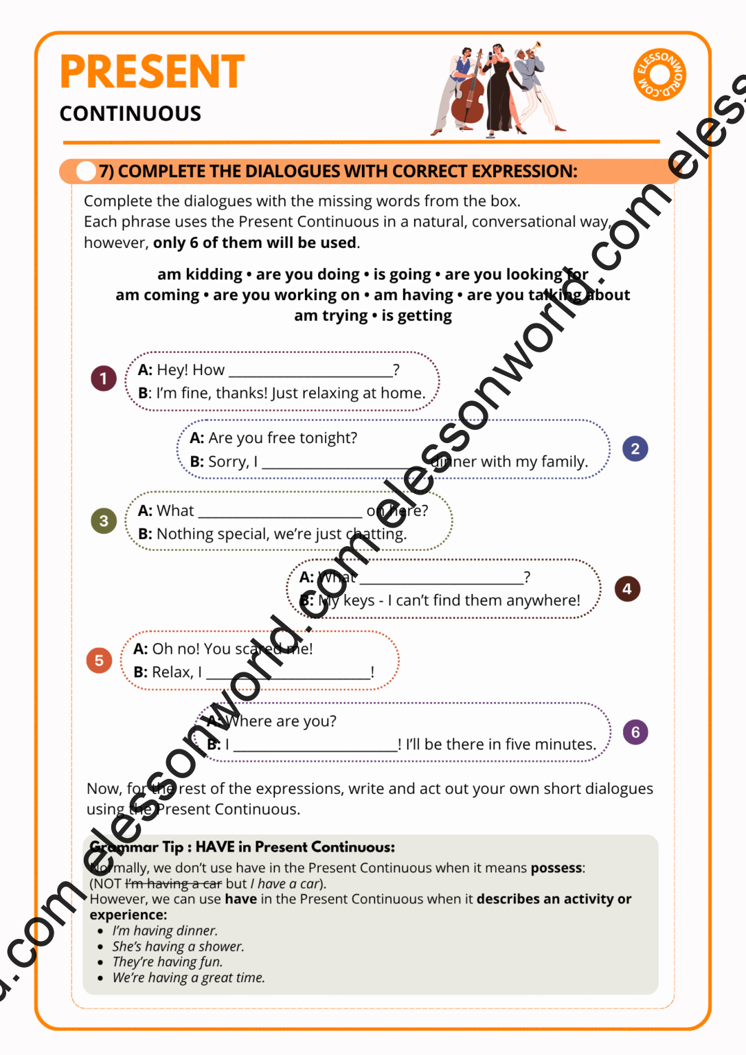 Present Continuous Lesson Summary Present Continuous - A1/A2 ESL Grammar Lesson Plan - elessonworld.com