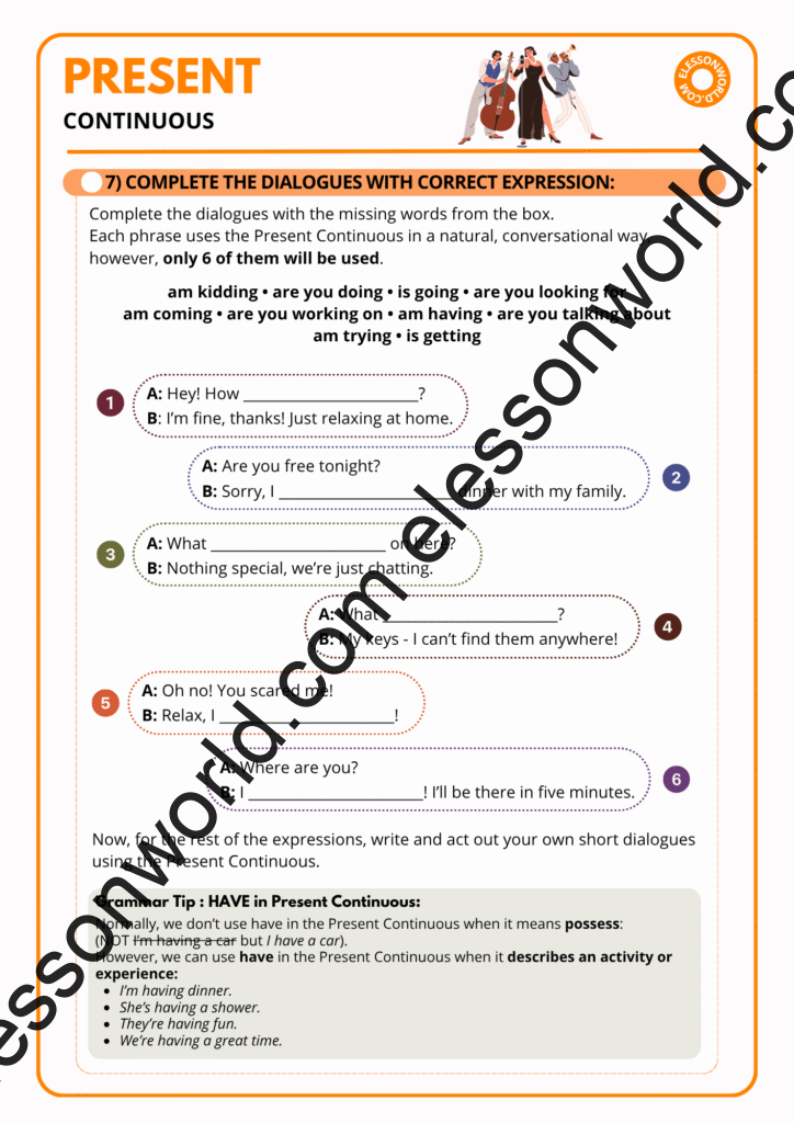 Preview of an A1–A2 ESL lesson teaching the present continuous through grammar practice, picture prompts, and simple speaking activities.