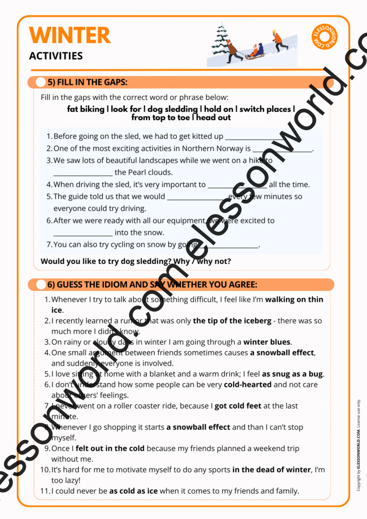 Winter Activities ESL Lesson A2-B1