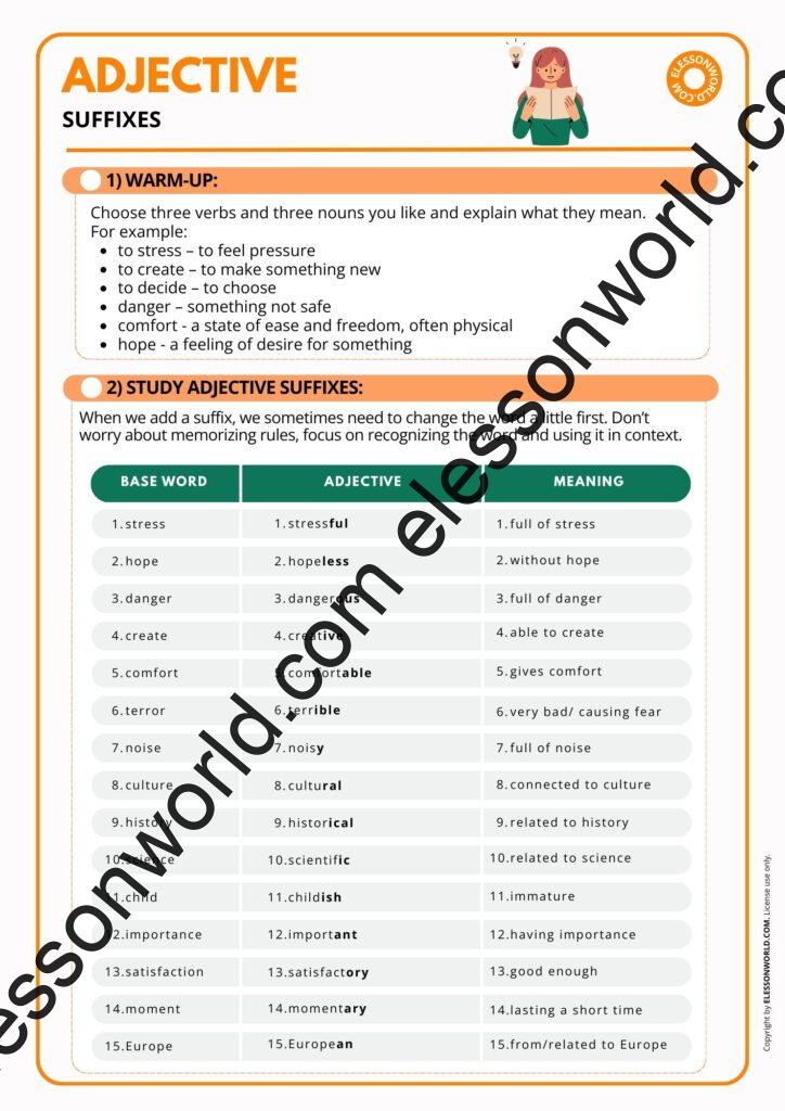 B1–B2 ESL lesson on adjective suffixes with vocabulary practice and speaking tasks