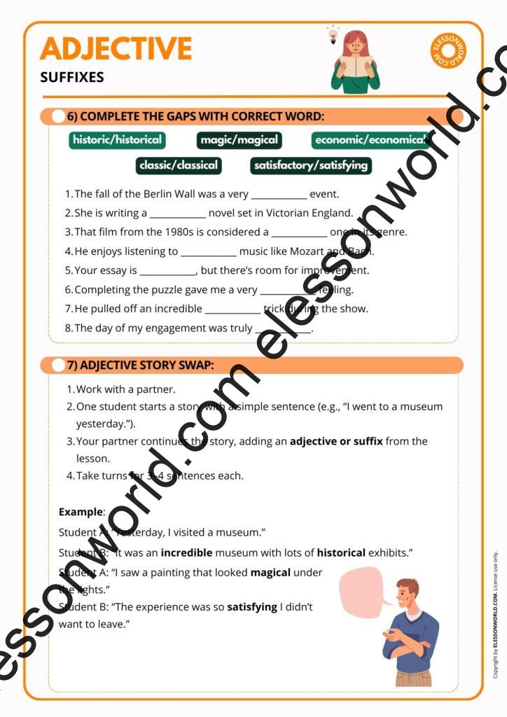 B1–B2 ESL lesson on adjective suffixes with vocabulary practice and speaking tasks
