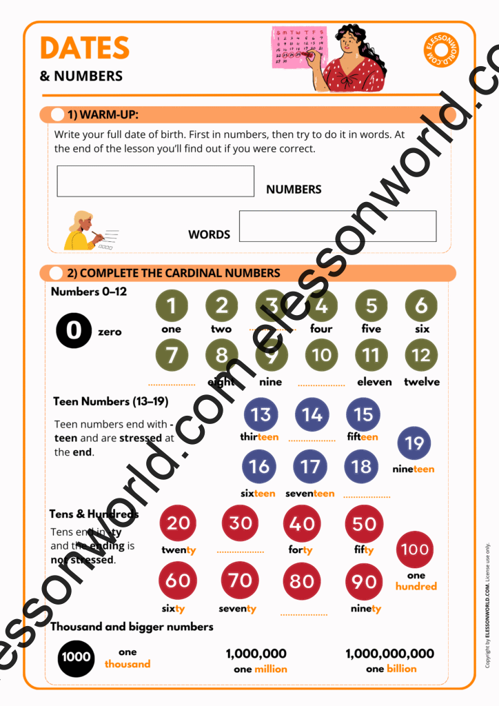 ESL worksheet teaching how to read numbers, dates, and years in English