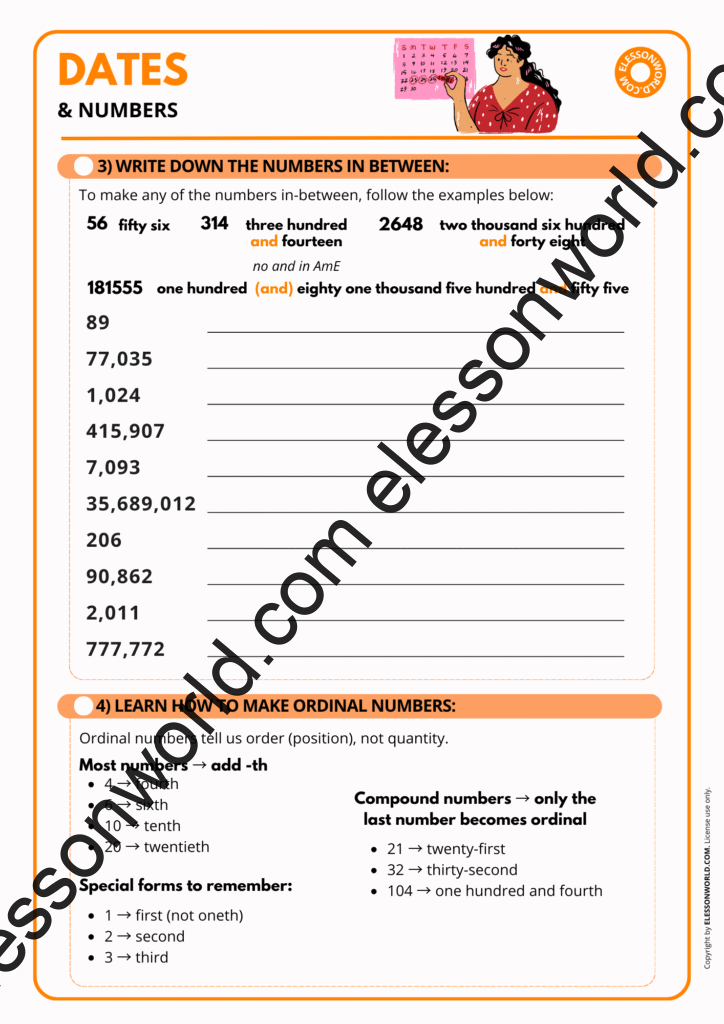 ESL worksheet teaching how to read numbers, dates, and years in English