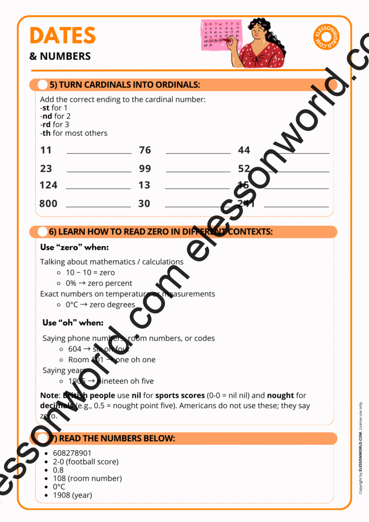 ESL worksheet teaching how to read numbers, dates, and years in English