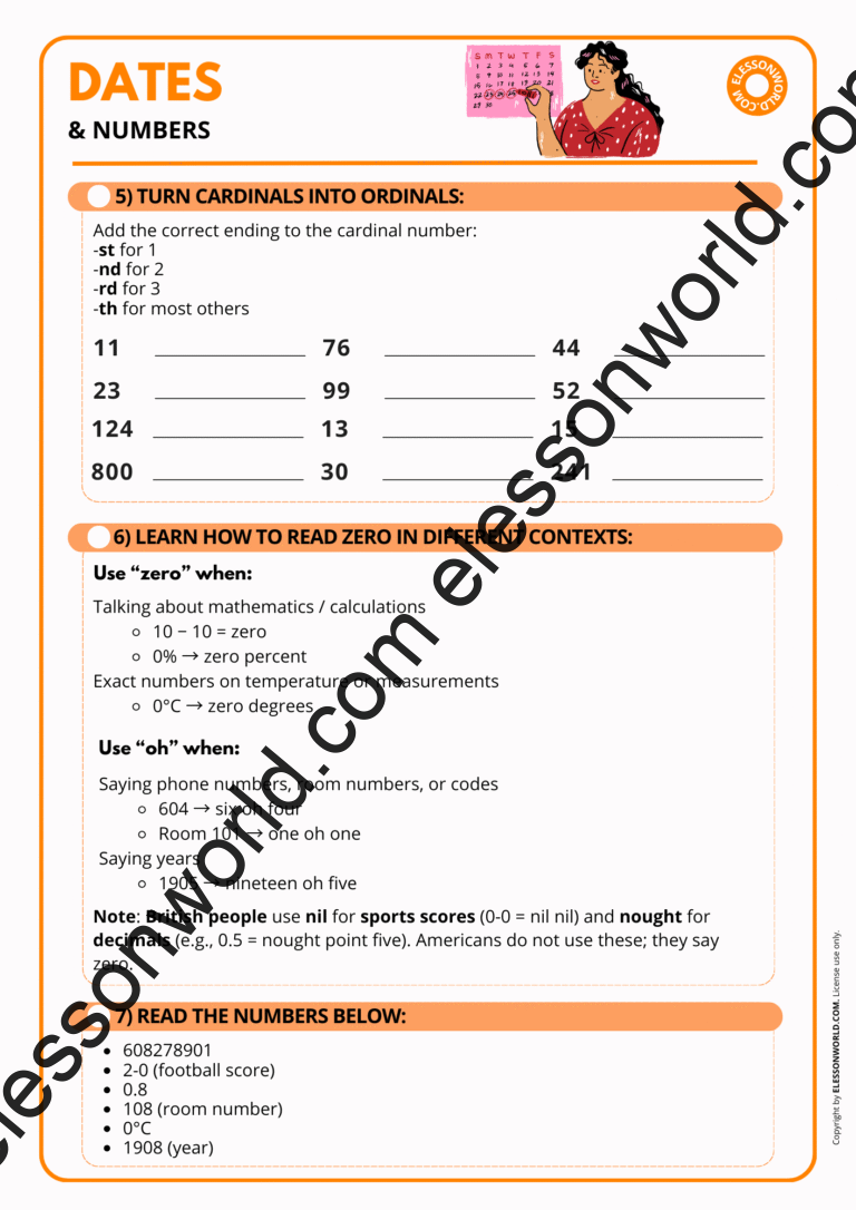 Dates & Numbers: A1–A2 ESL Lesson Plan