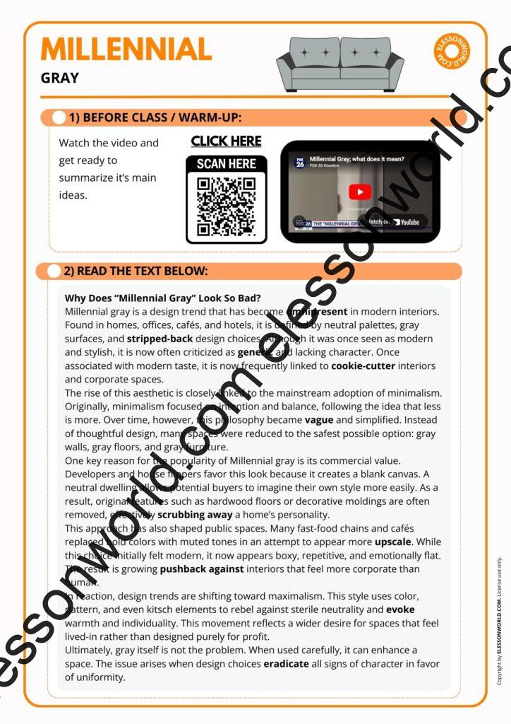 B2–C1 ESL lesson on millennial gray and modern interior design vocabulary