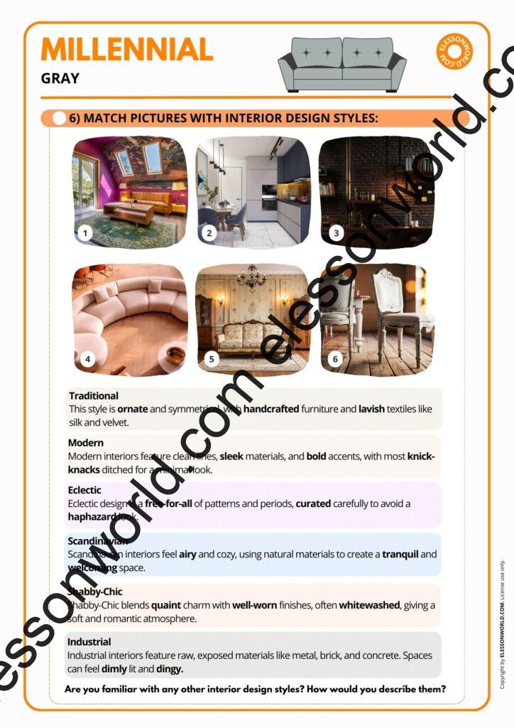 B2–C1 ESL lesson on millennial gray and modern interior design vocabulary