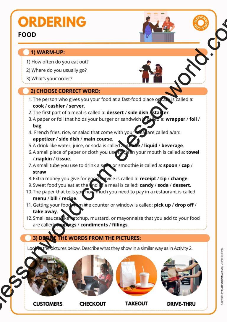 Ordering Food: A1-A2 ESL lesson on food and restaurant English