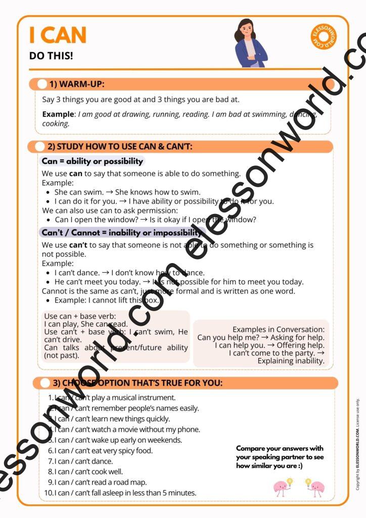 A1–A2 ESL lesson on can and could with speaking practice and real-life scenarios