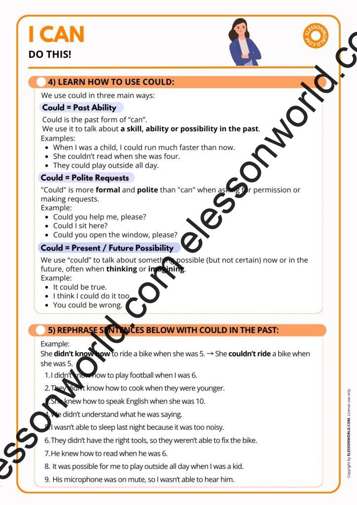 A1–A2 ESL lesson on can and could with speaking practice and real-life scenarios