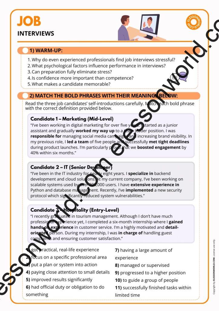 B1–B2 ESL lesson about job interviews with speaking activities and interview vocabulary