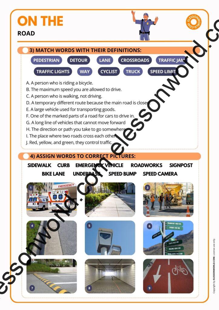 A2–B1 ESL lesson about traffic, commuting, and road vocabulary including traffic jam, highway, intersection, and road safety.