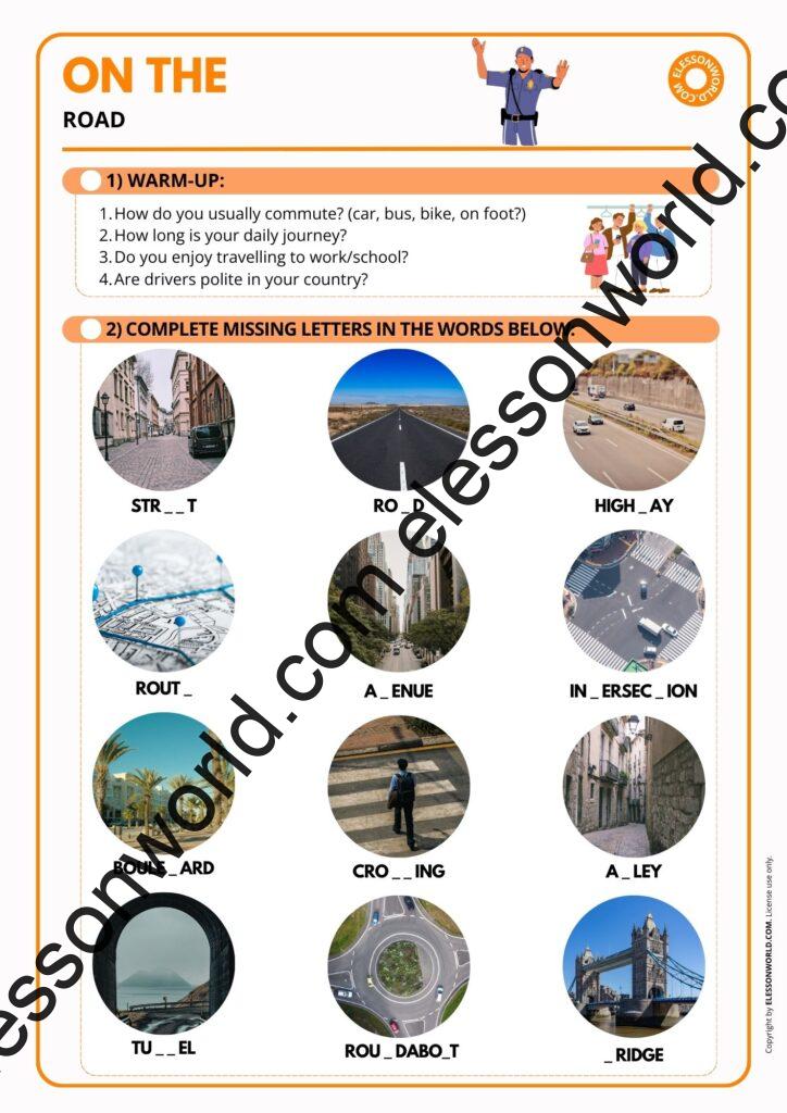 A2–B1 ESL lesson about traffic, commuting, and road vocabulary including traffic jam, highway, intersection, and road safety.