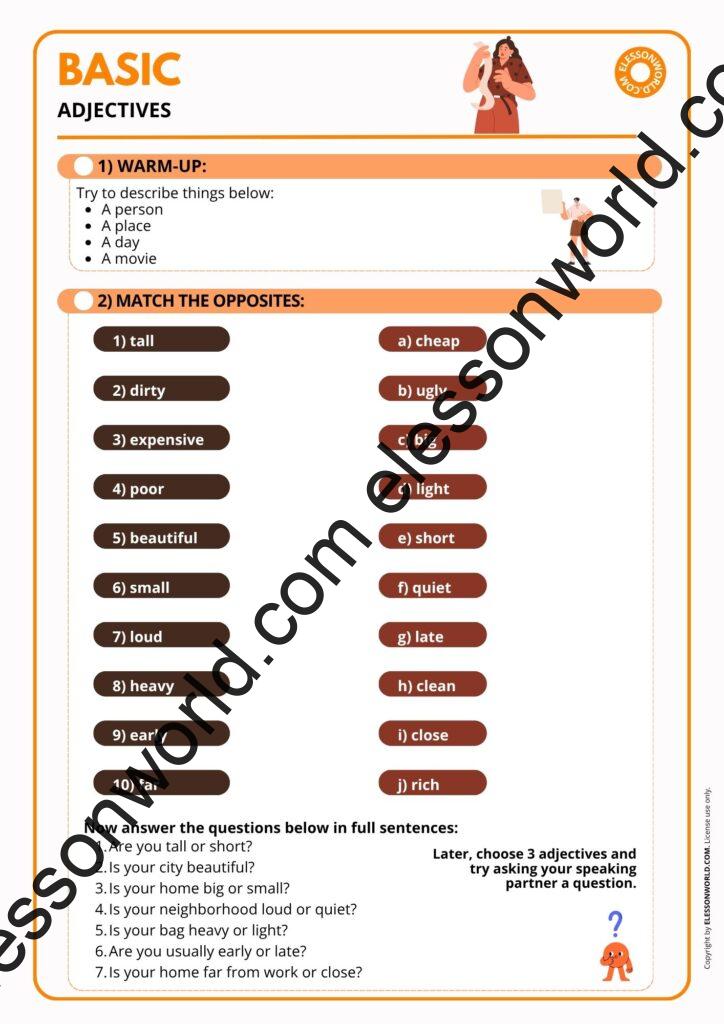 A1–A2 ESL lesson on basic adjectives like big, small, beautiful, cheap, and expensive for beginner English learners.