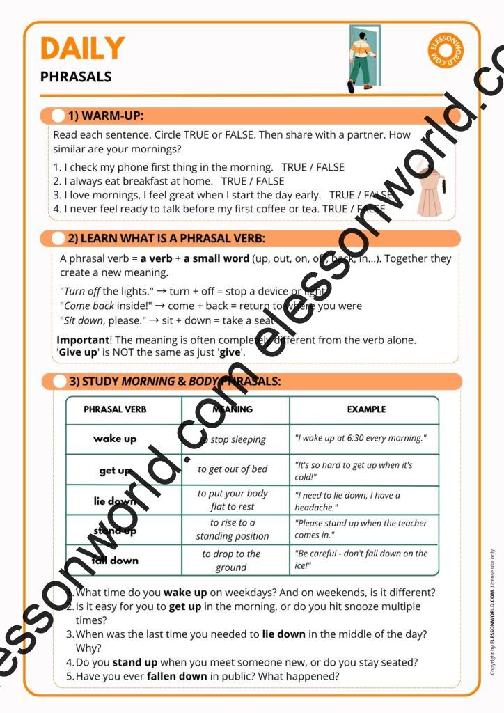 A1 - A2 ESL lesson on everyday phrasal verbs like wake up, turn on, go out, and look for for daily routines and communication.