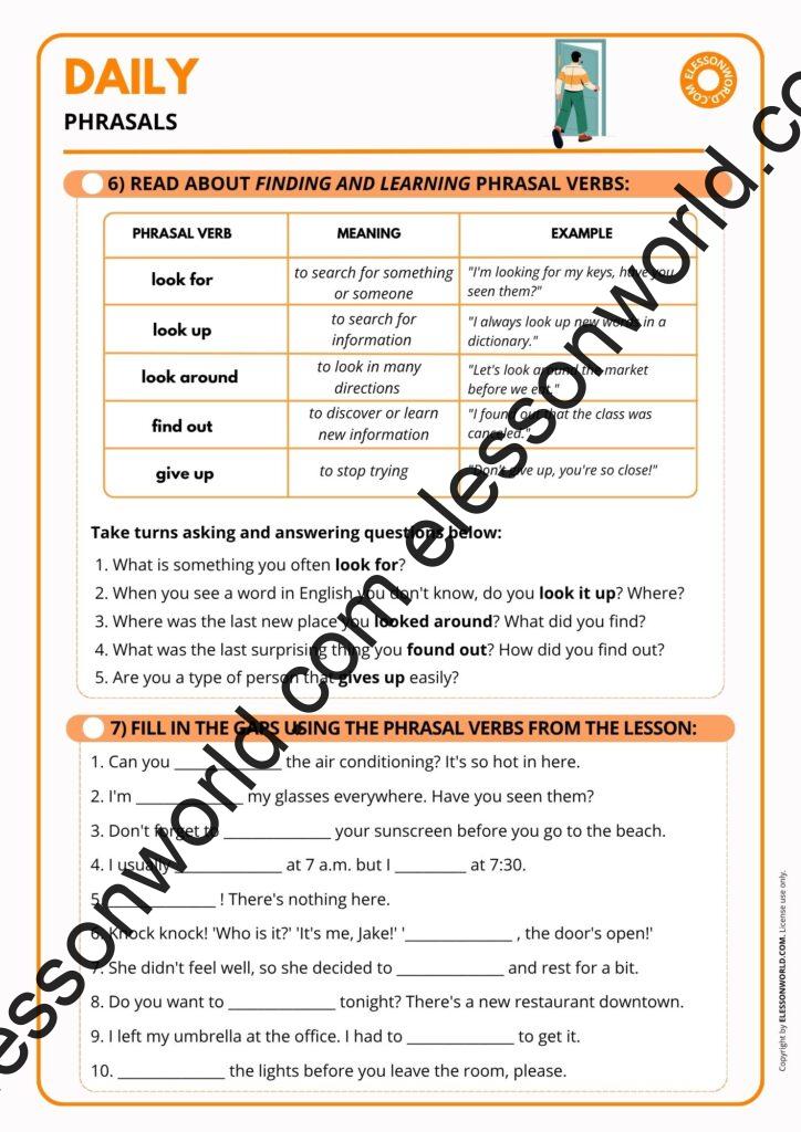 A1 - A2 ESL lesson on everyday phrasal verbs like wake up, turn on, go out, and look for for daily routines and communication.