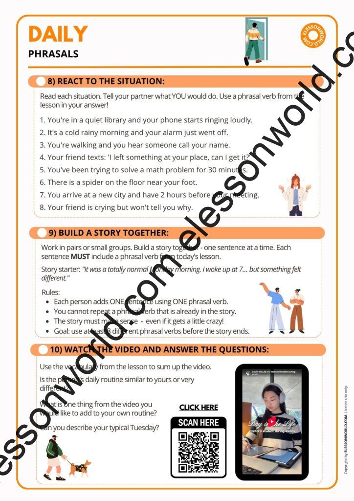 A1 - A2 ESL lesson on everyday phrasal verbs like wake up, turn on, go out, and look for for daily routines and communication.