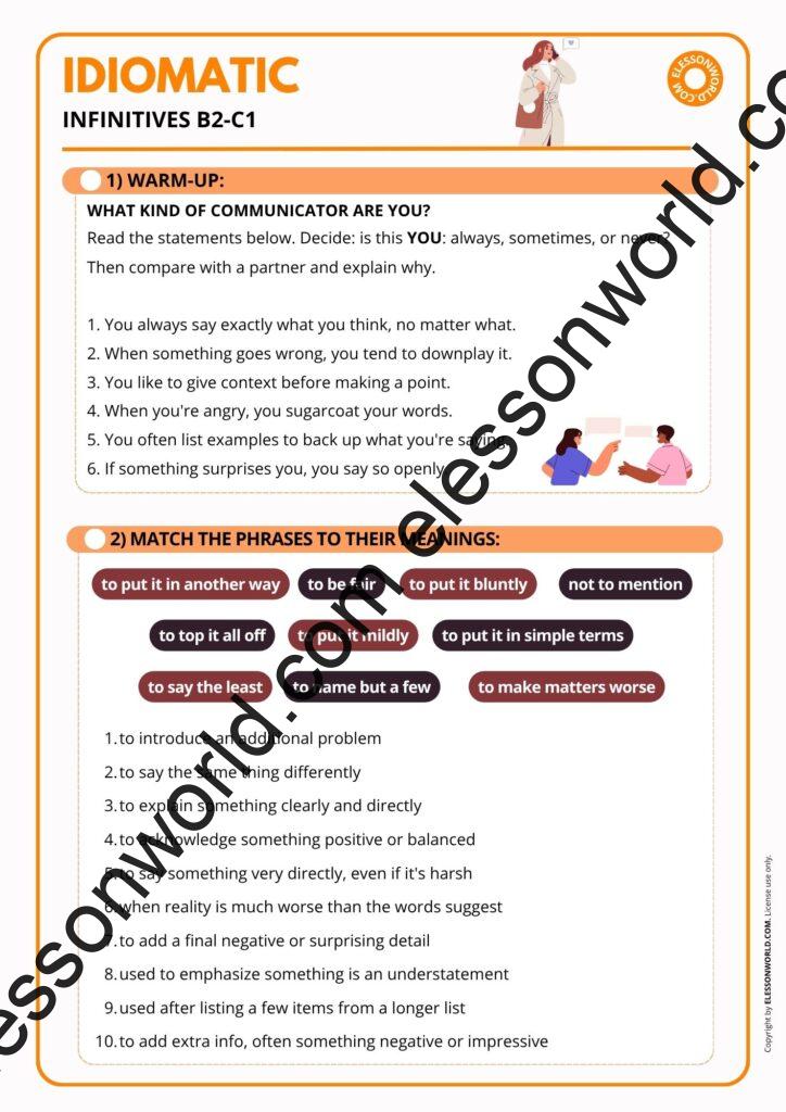 A B2–C1 ESL lesson on idiomatic infinitives like to put it bluntly, to say the least, and to make matters worse for advanced English learners.