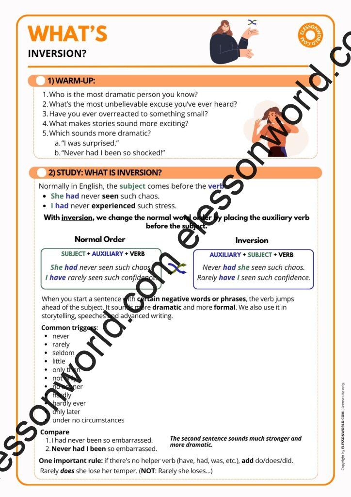 B2–C1 ESL lesson on inversion in English with advanced grammar structures like Never have I, Little did I know, and No sooner had.