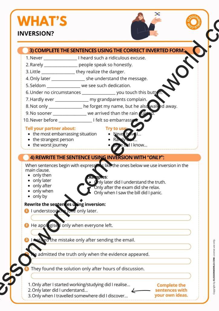 B2–C1 ESL lesson on inversion in English with advanced grammar structures like Never have I, Little did I know, and No sooner had.