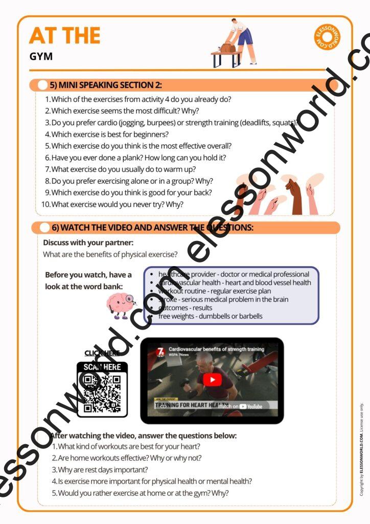 A2–B1 ESL lesson on fitness and exercise with gym vocabulary, workout discussions, and speaking activities.