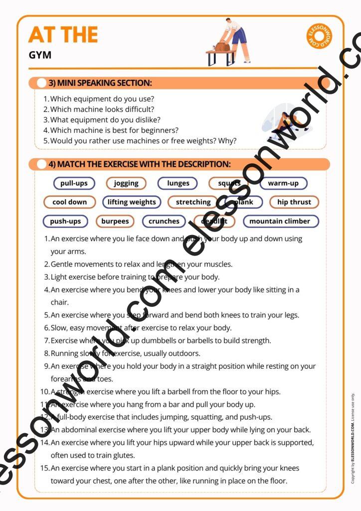 A2–B1 ESL lesson on fitness and exercise with gym vocabulary, workout discussions, and speaking activities.