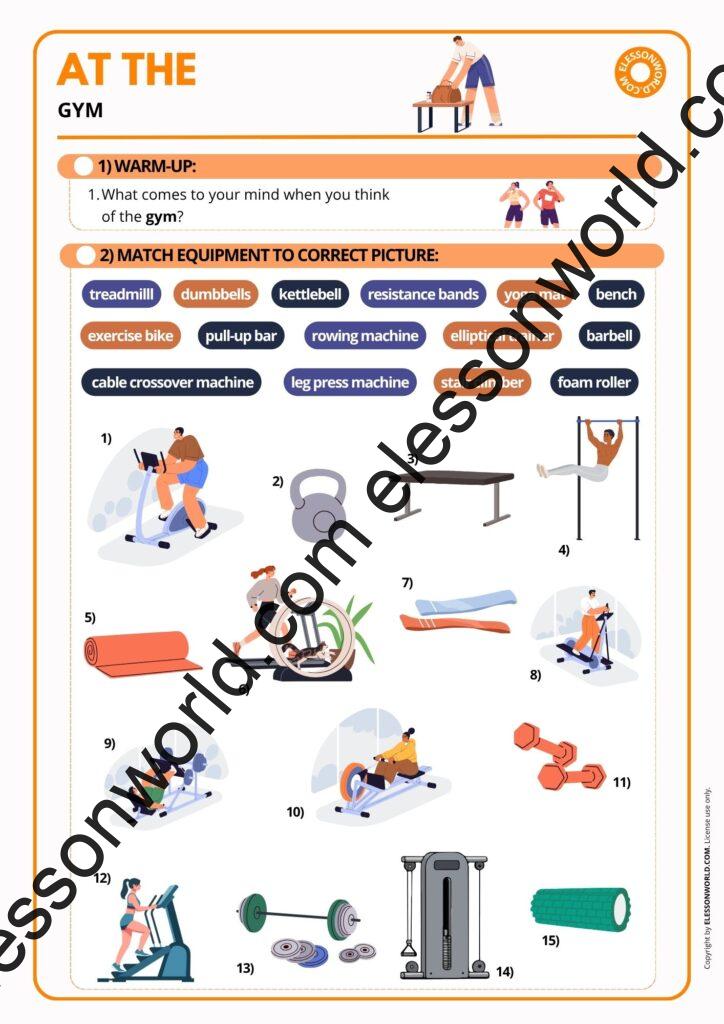 A2–B1 ESL lesson on fitness and exercise with gym vocabulary, workout discussions, and speaking activities.