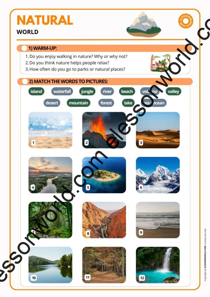 A1–A2 ESL lesson on nature vocabulary with mountains, forests, beaches, waterfalls, and travel speaking activities.