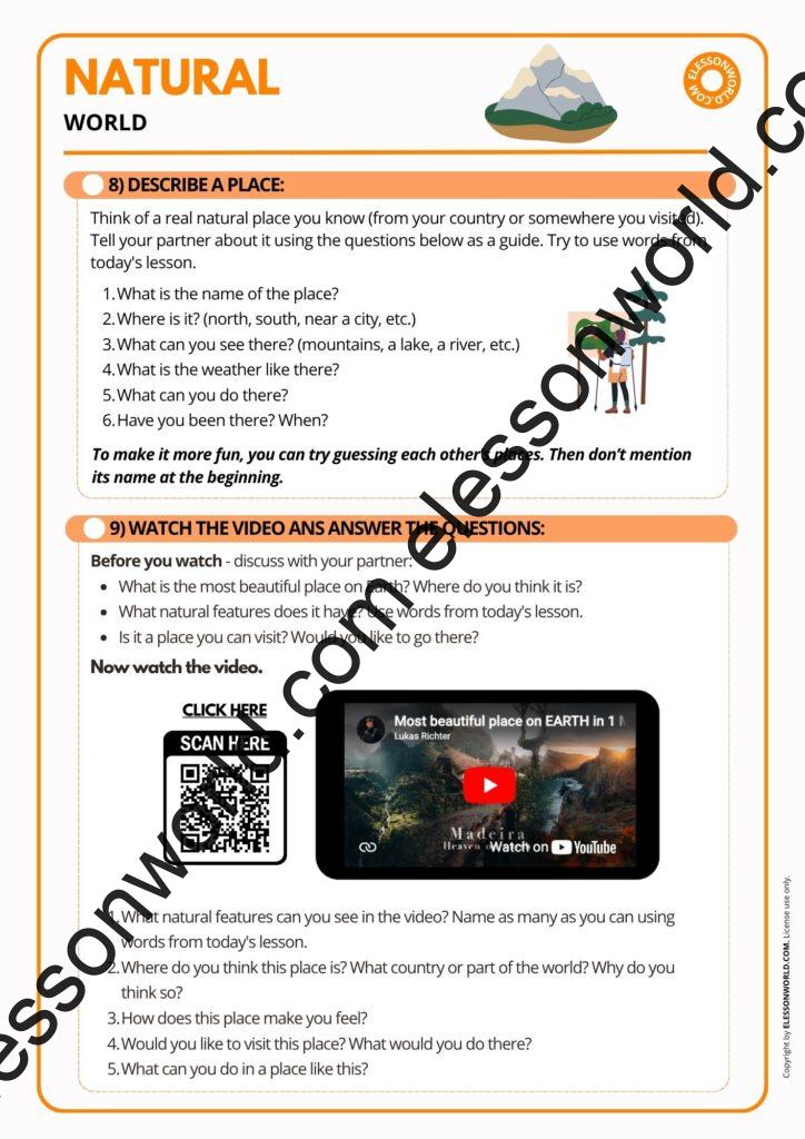 A1–A2 ESL lesson on nature vocabulary with mountains, forests, beaches, waterfalls, and travel speaking activities.
