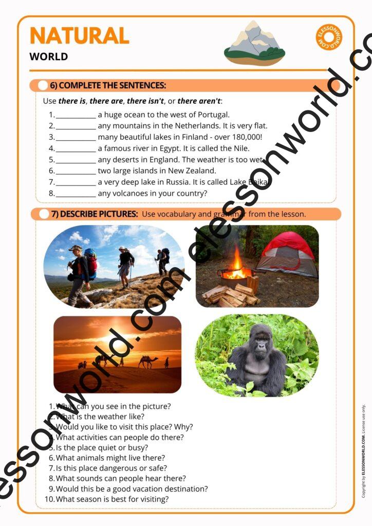 A1–A2 ESL lesson on nature vocabulary with mountains, forests, beaches, waterfalls, and travel speaking activities.