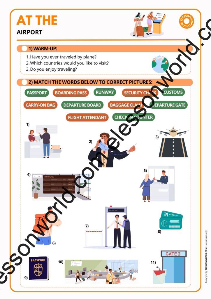 A2–B1 ESL lesson on airport vocabulary, travel English, flights, check-in procedures, and speaking activities.