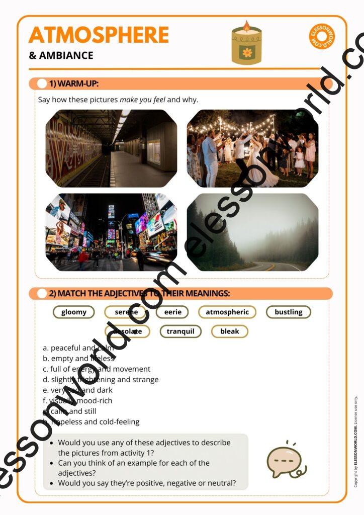 B2–C1 ESL lesson on atmosphere and ambiance featuring advanced descriptive vocabulary, mood adjectives, and speaking activities.