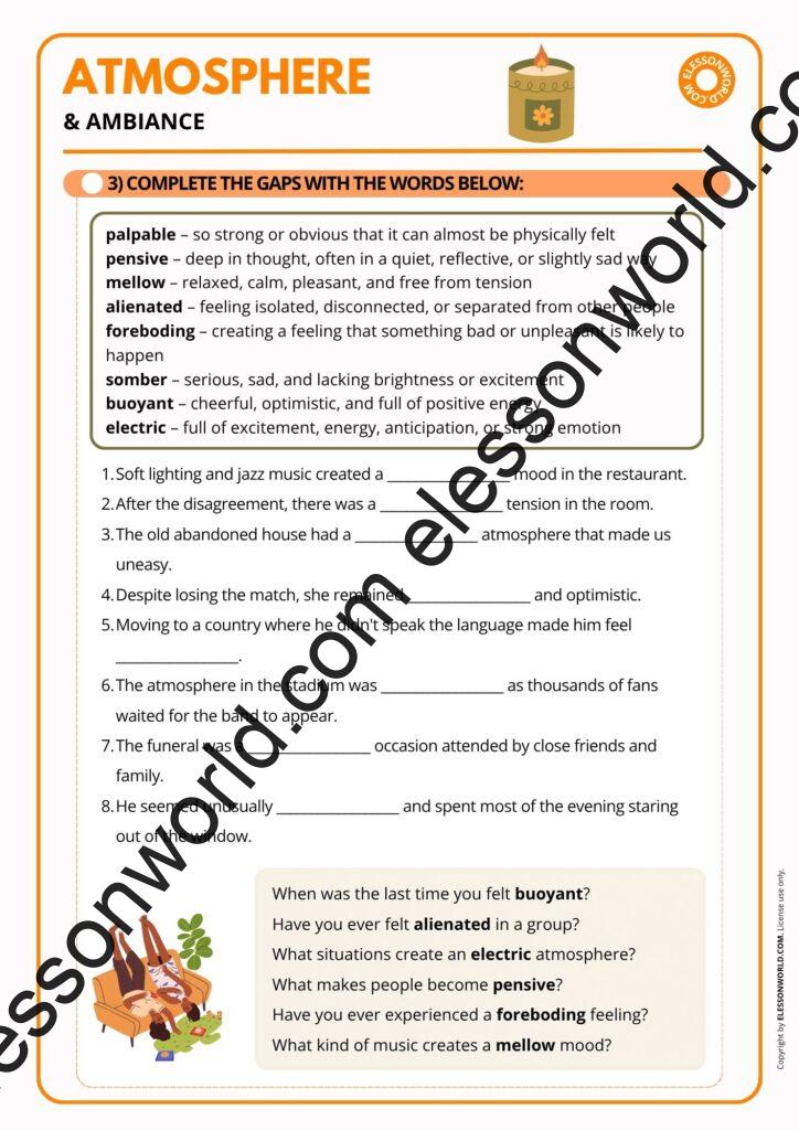 B2–C1 ESL lesson on atmosphere and ambiance featuring advanced descriptive vocabulary, mood adjectives, and speaking activities.