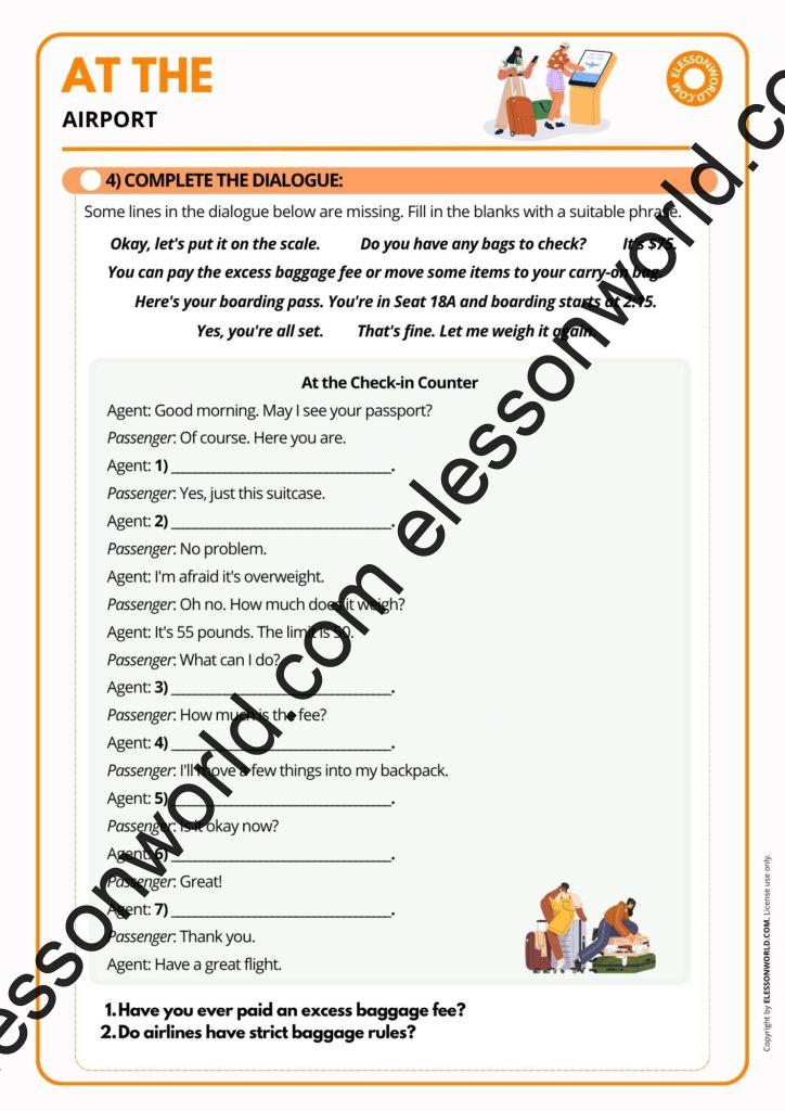 A2–B1 ESL lesson on airport vocabulary, travel English, flights, check-in procedures, and speaking activities.
