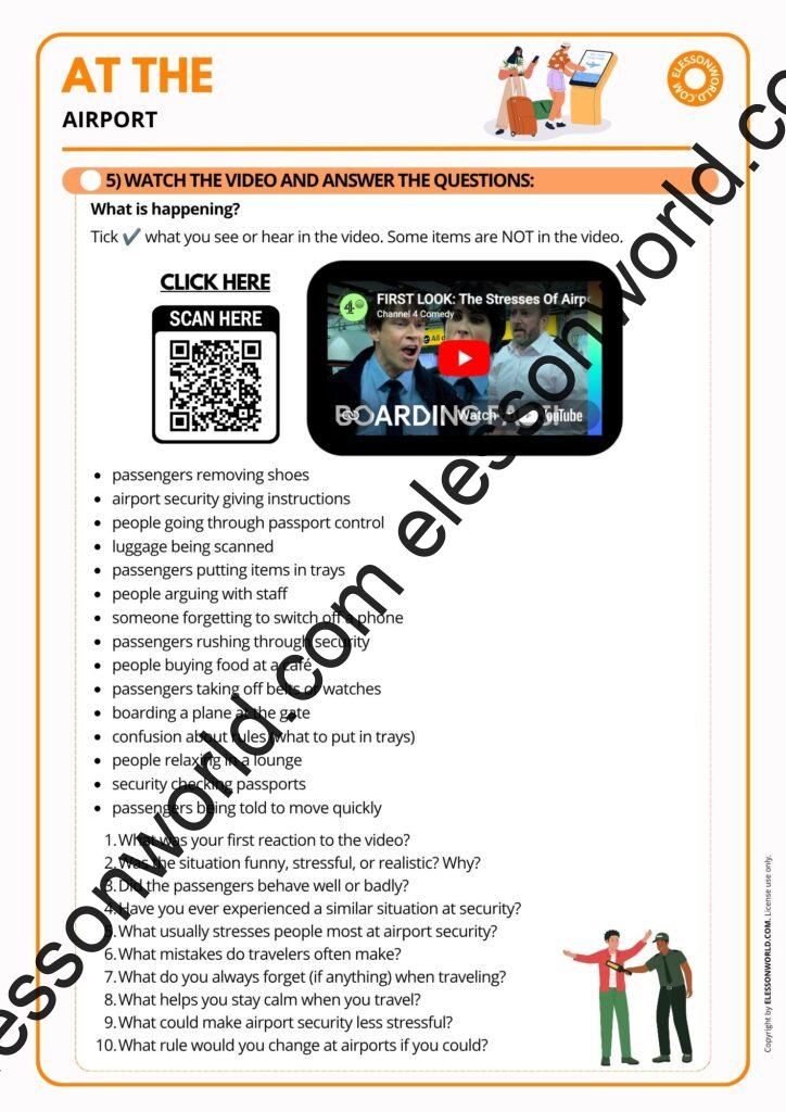A2–B1 ESL lesson on airport vocabulary, travel English, flights, check-in procedures, and speaking activities.