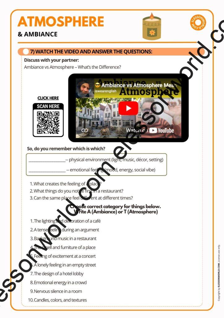 B2–C1 ESL lesson on atmosphere and ambiance featuring advanced descriptive vocabulary, mood adjectives, and speaking activities.
