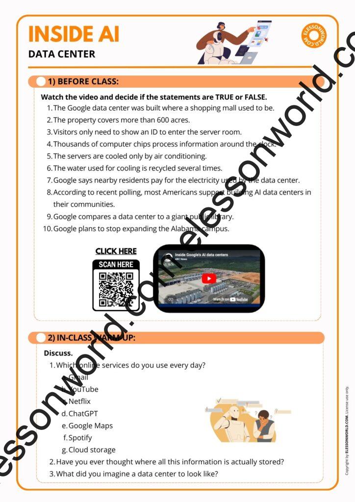 B2–C1 ESL speaking lesson on AI data centers featuring technology vocabulary, authentic video, debates, and discussion activities.
