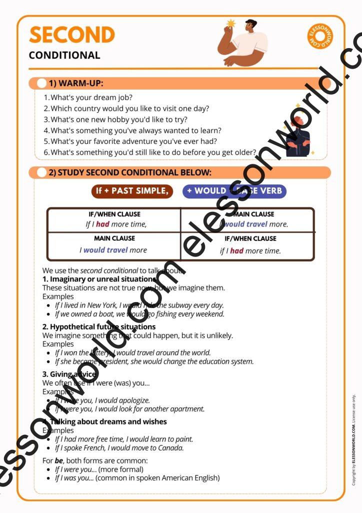 A2–B1 ESL lesson on the second conditional featuring speaking activities, grammar practice, hypothetical situations, and giving advice.