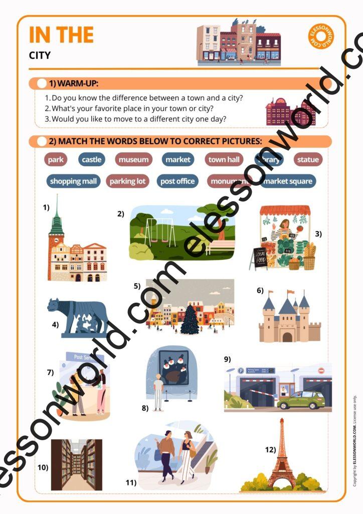 A1–A2 ESL lesson on cities and towns featuring city vocabulary, landmarks, neighborhoods, and speaking activities.