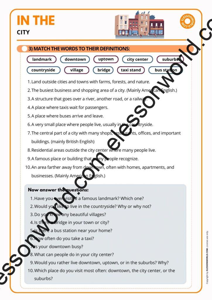 A1–A2 ESL lesson on cities and towns featuring city vocabulary, landmarks, neighborhoods, and speaking activities.
