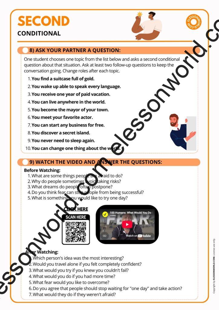 A2–B1 ESL lesson on the second conditional featuring speaking activities, grammar practice, hypothetical situations, and giving advice.