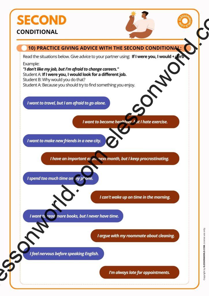 A2–B1 ESL lesson on the second conditional featuring speaking activities, grammar practice, hypothetical situations, and giving advice.