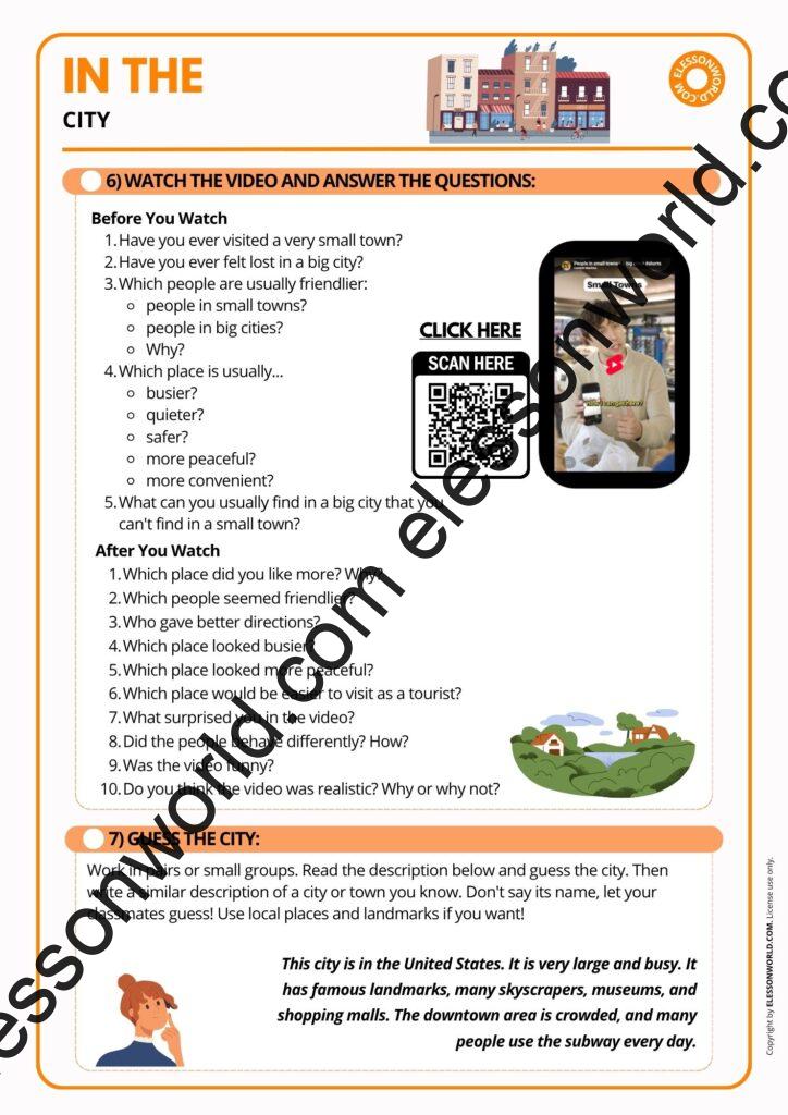 A1–A2 ESL lesson on cities and towns featuring city vocabulary, landmarks, neighborhoods, and speaking activities.
