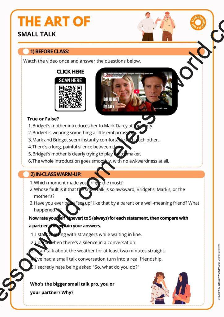 B2–C1 ESL lesson on small talk featuring conversation starters, communication strategies, networking role-plays, and speaking activities.