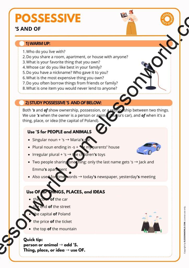 A1-A2 ESL grammar lesson plan teaching possessive 's and of through games and speaking tasks