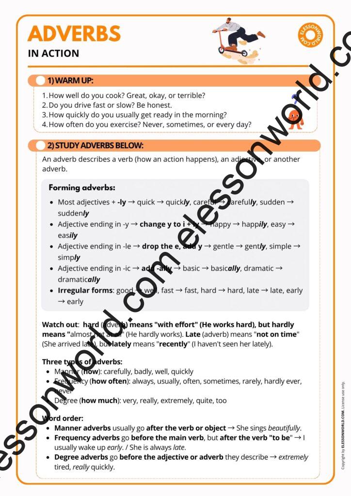 A2-B1 ESL grammar lesson plan teaching adverbs through games, reading, and speaking practice
